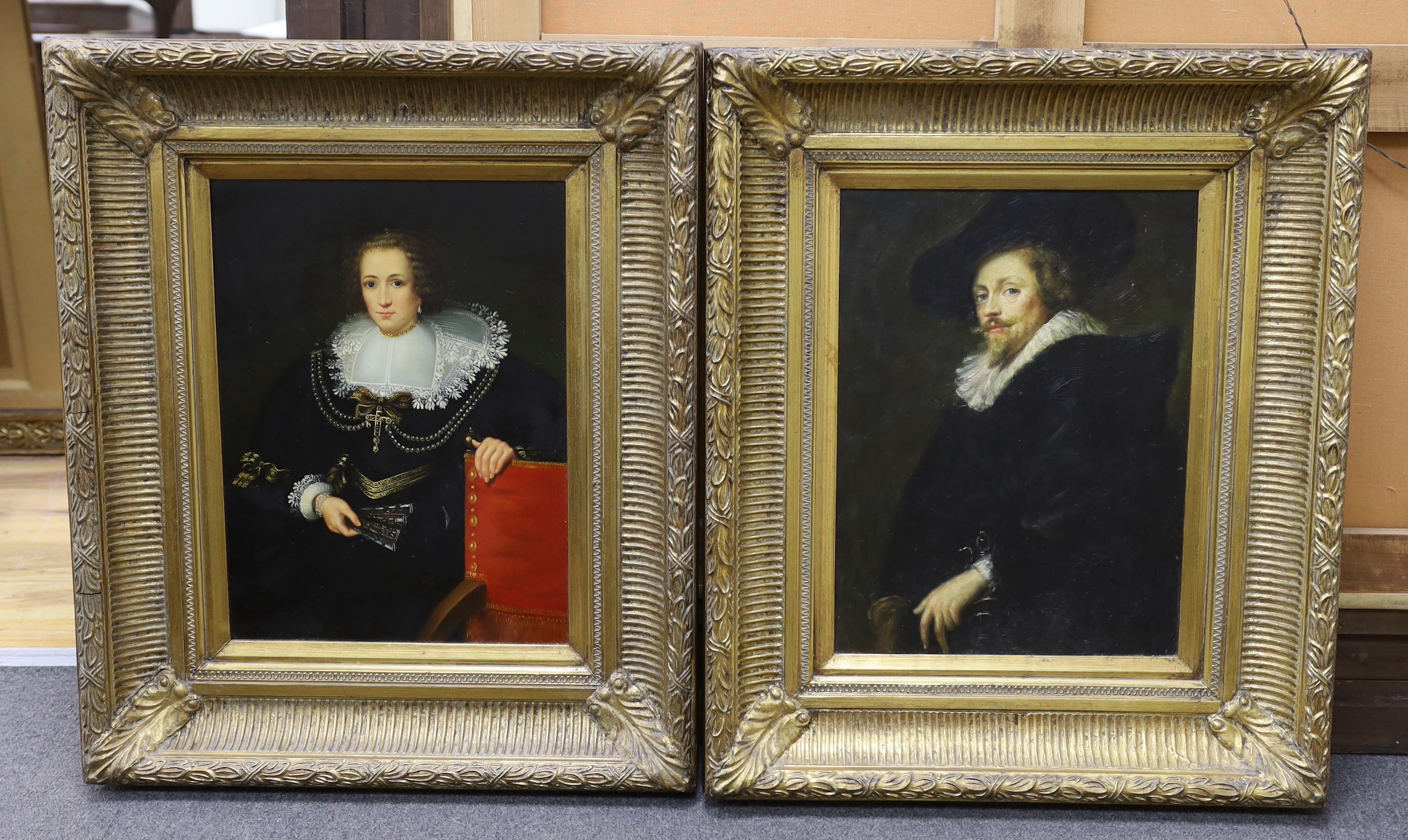 After Peter Paul Rubens (1577-1640), oil on board, Self portrait, together with another, portrait of a lady, ornate gilt framed, 39 x 29cm
